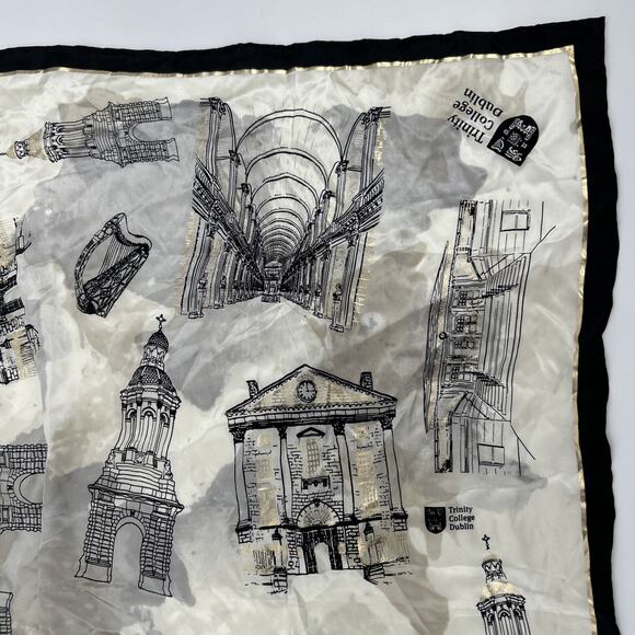 Trinity College 100% Silk Scarf Dublin Cream Black Square Ireland Church History - Picture 3 of 9